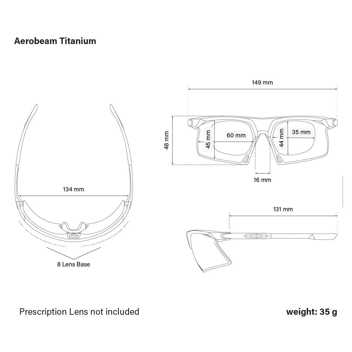 Aerobeam PILS Photochromic Grey dimensions