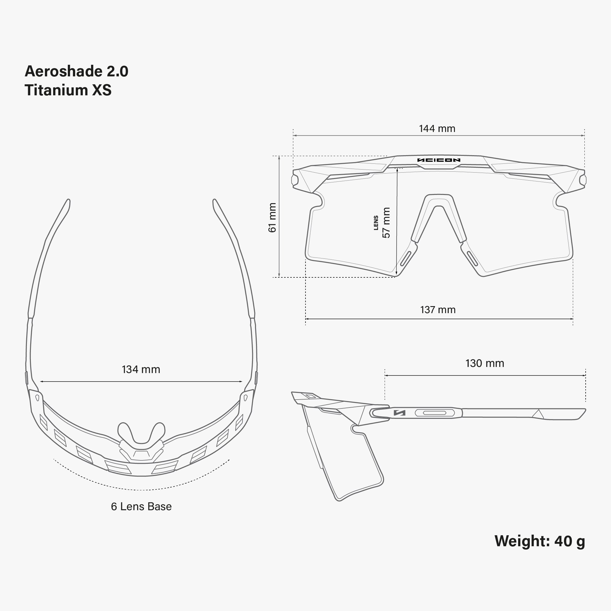 Aeroshade 2.0 Titanium XS White Matte Multimirror Sunburst dimensions